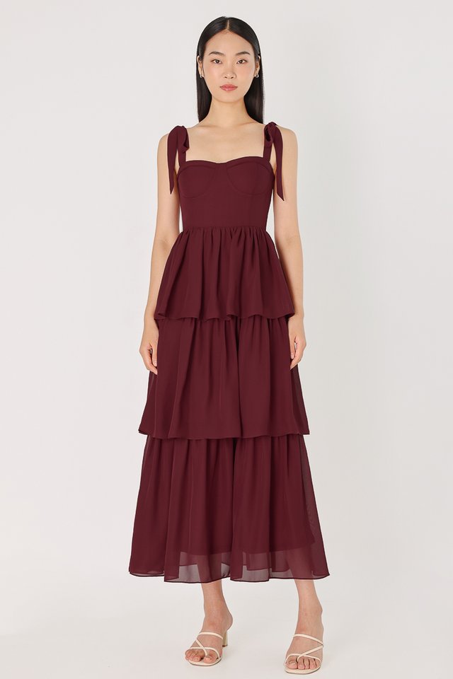 MELODY PADDED CHIFFON BUSTIER TIERED MAXI DRESS (WINE)