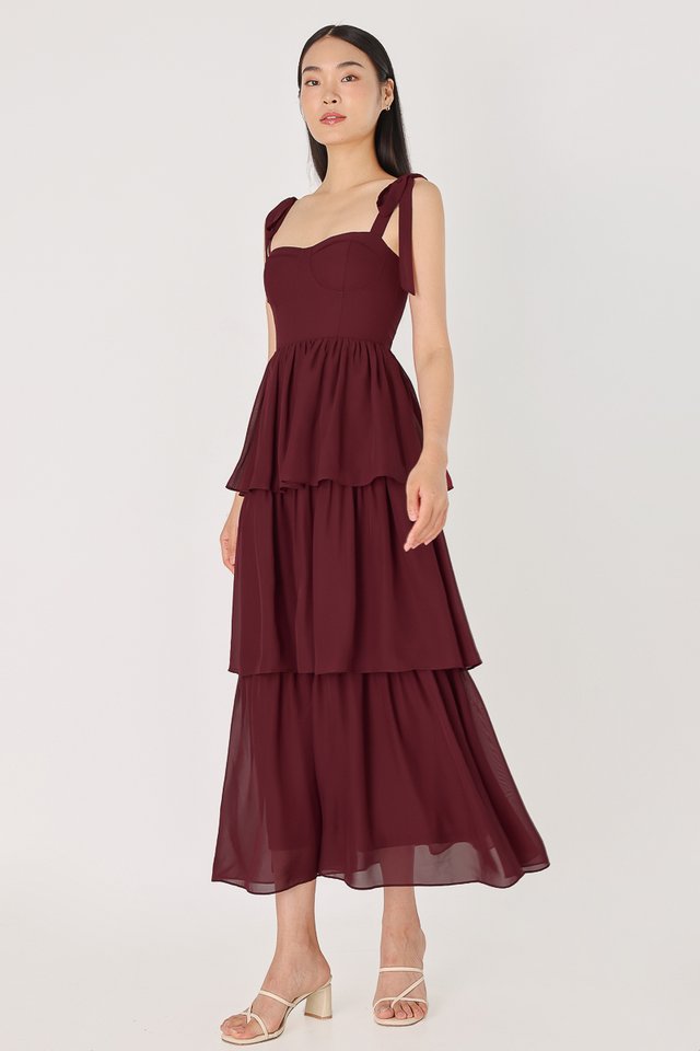 MELODY PADDED CHIFFON BUSTIER TIERED MAXI DRESS (WINE)