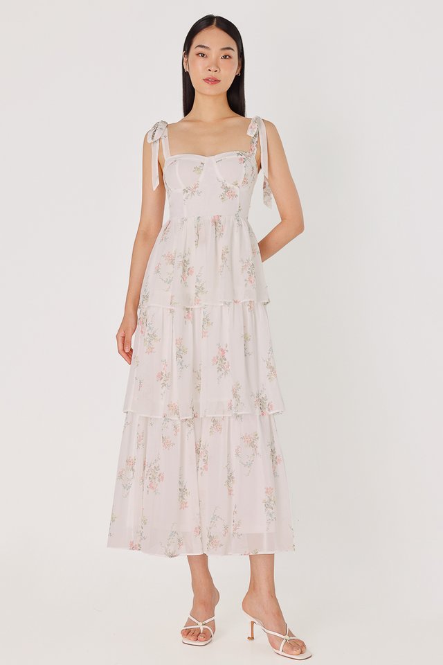 MELODY PADDED CHIFFON BUSTIER TIERED MAXI DRESS (WHITE FLORAL)