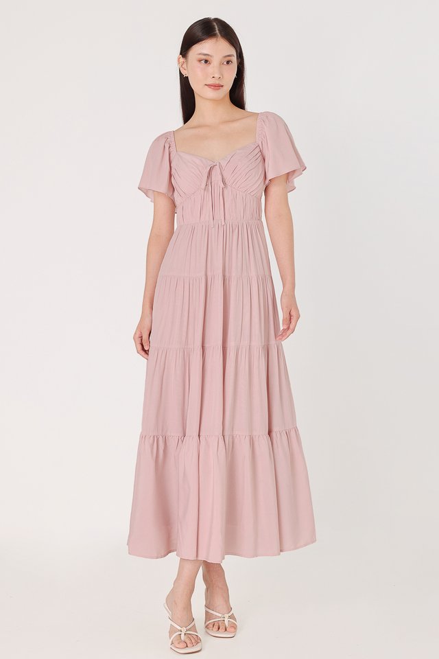 JEWEL PADDED RIBBON RUCHED TIERED MAXI DRESS (PINK)