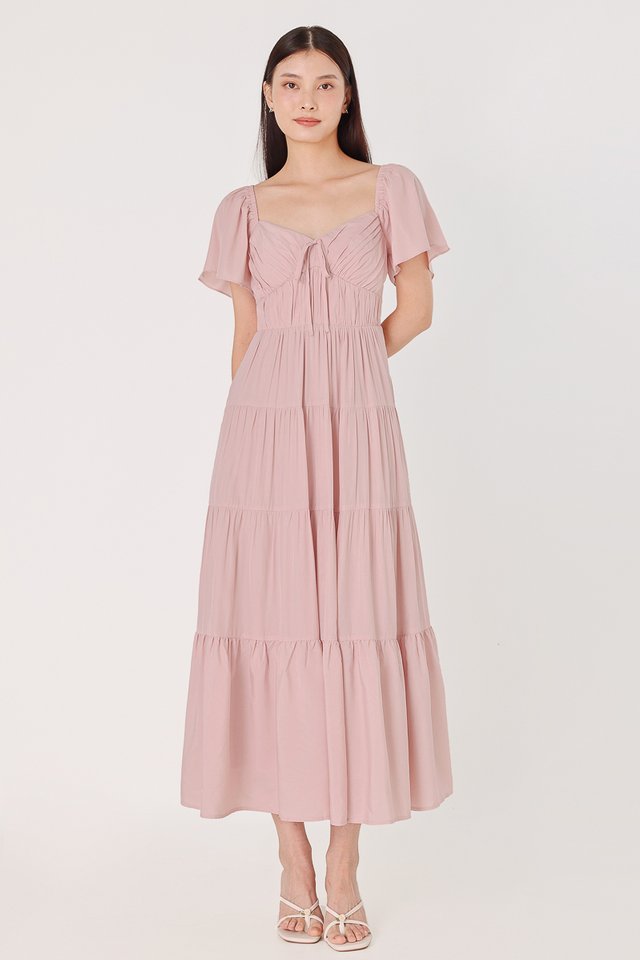 JEWEL PADDED RIBBON RUCHED TIERED MAXI DRESS (PINK)