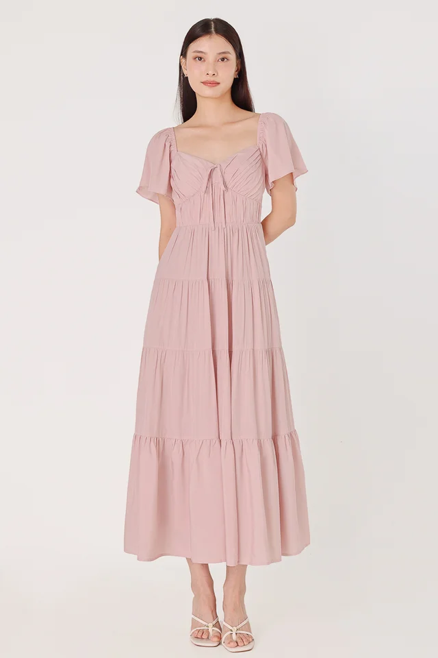 JEWEL PADDED RIBBON RUCHED TIERED MAXI DRESS (PINK)