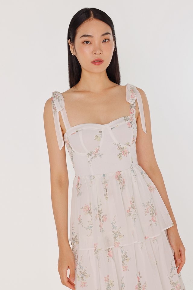 MELODY PADDED CHIFFON BUSTIER TIERED MAXI DRESS (WHITE FLORAL)