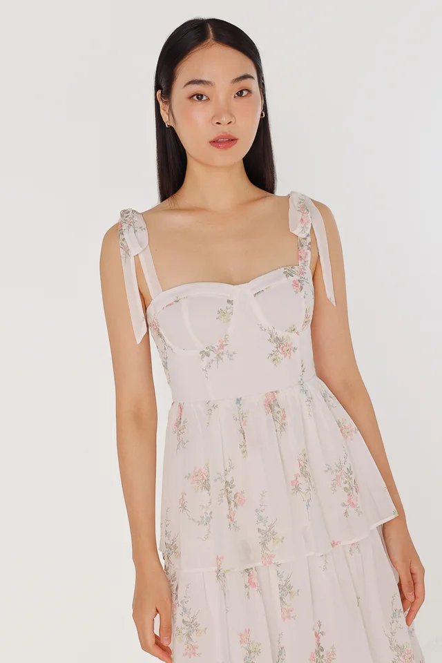 MELODY PADDED CHIFFON BUSTIER TIERED MAXI DRESS (WHITE FLORAL)