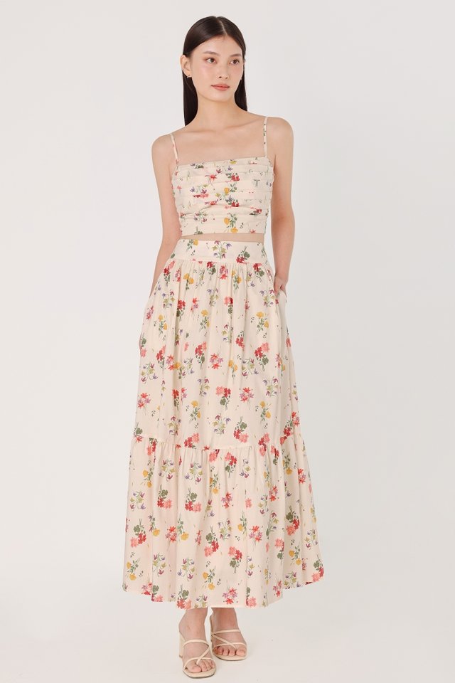 SUMMER GARDEN FLORAL THICK WAISTBAND DROPWAIST MAXI SKIRT