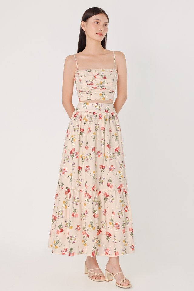 SUMMER GARDEN FLORAL THICK WAISTBAND DROPWAIST MAXI SKIRT