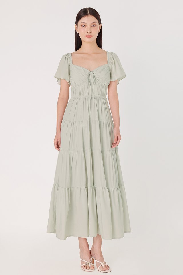 JEWEL PADDED RIBBON RUCHED TIERED MAXI DRESS (SAGE)