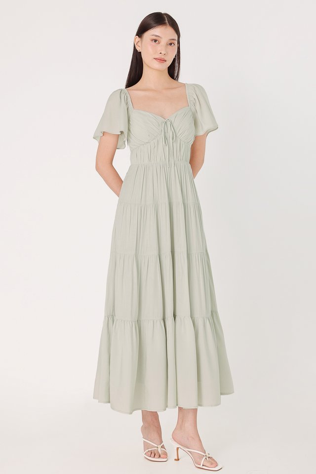 JEWEL PADDED RIBBON RUCHED TIERED MAXI DRESS (SAGE)