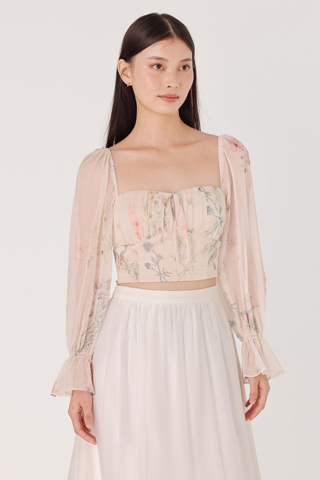 SERENE PADDED FLORAL CHIFFON RUCHED LONG SLEEVE TOP