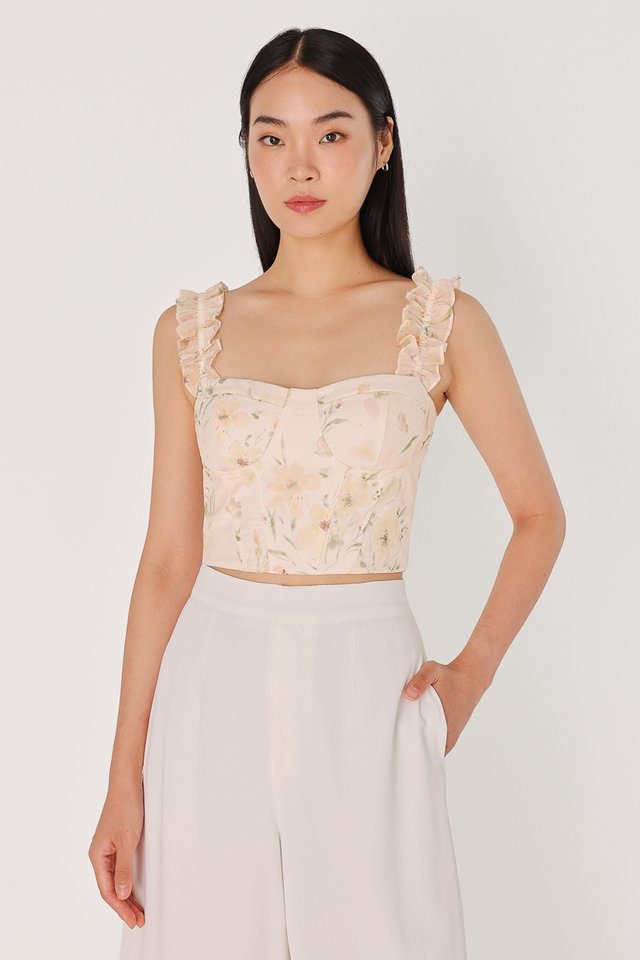 FIORA PADDED FLORAL ORGANZA RUFFLE BUSTIER TOP (YELLOW FLORAL)