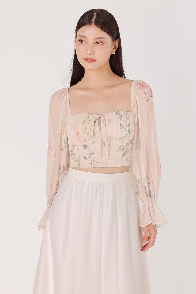 SERENE PADDED FLORAL CHIFFON RUCHED LONG SLEEVE TOP