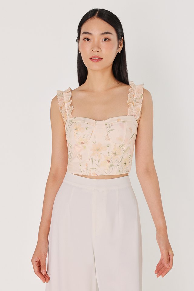 FIORA PADDED FLORAL ORGANZA RUFFLE BUSTIER TOP (YELLOW FLORAL)