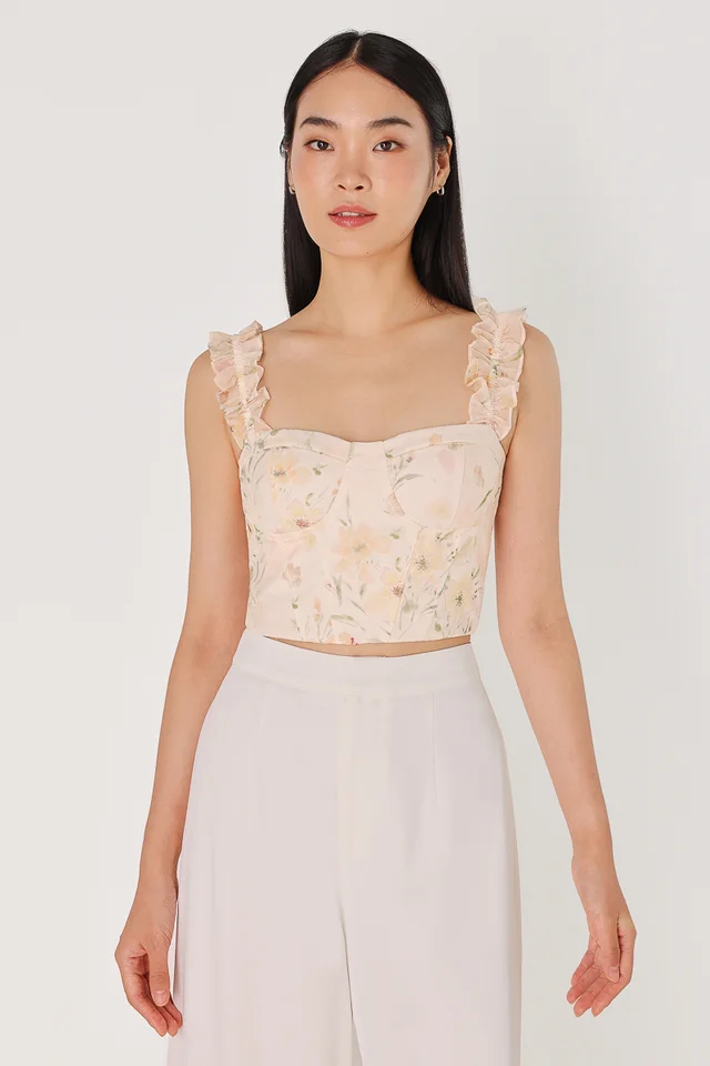 FIORA PADDED FLORAL ORGANZA RUFFLE BUSTIER TOP (YELLOW FLORAL)