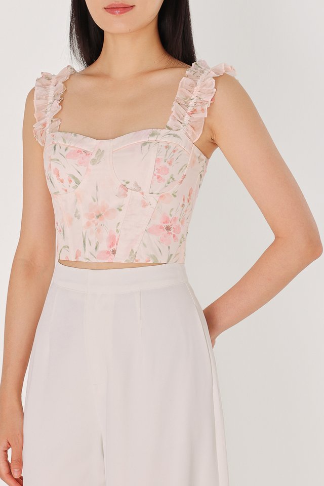 FIORA PADDED FLORAL ORGANZA RUFFLE BUSTIER TOP (PINK FLORAL)