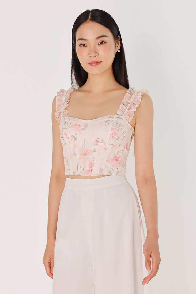 FIORA PADDED FLORAL ORGANZA RUFFLE BUSTIER TOP (PINK FLORAL)