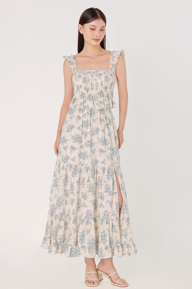 ROXANNE LINEN FLORAL DROPWAIST SLIT MAXI SKIRT (PORCELAIN BLUE)