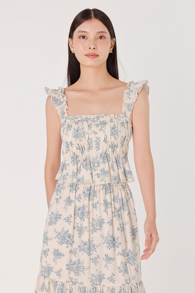 ROXANNE PADDED LINEN FLORAL RUCHED TOP (PORCELAIN BLUE)