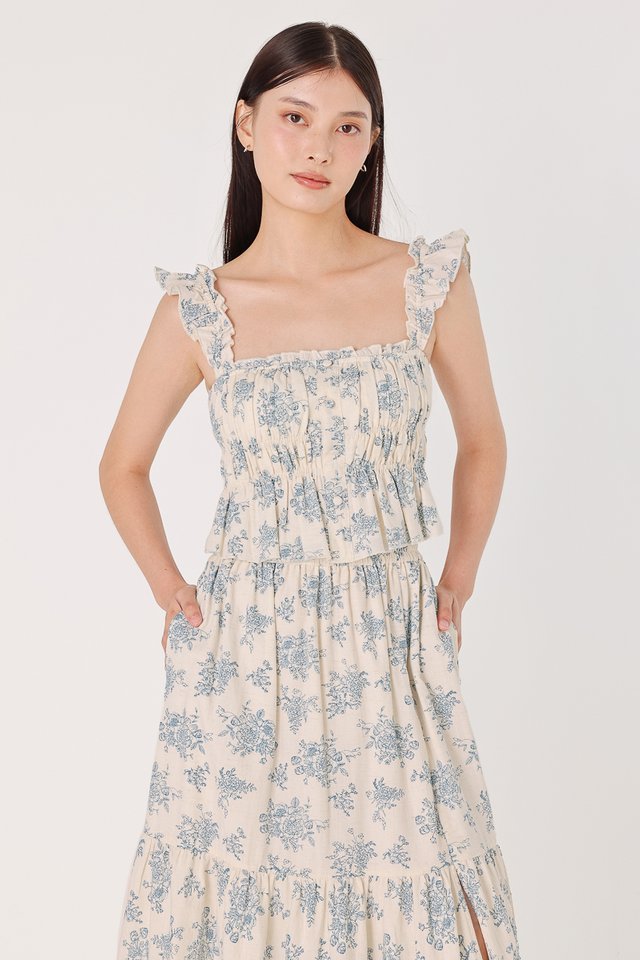 ROXANNE PADDED LINEN FLORAL RUCHED TOP (PORCELAIN BLUE)