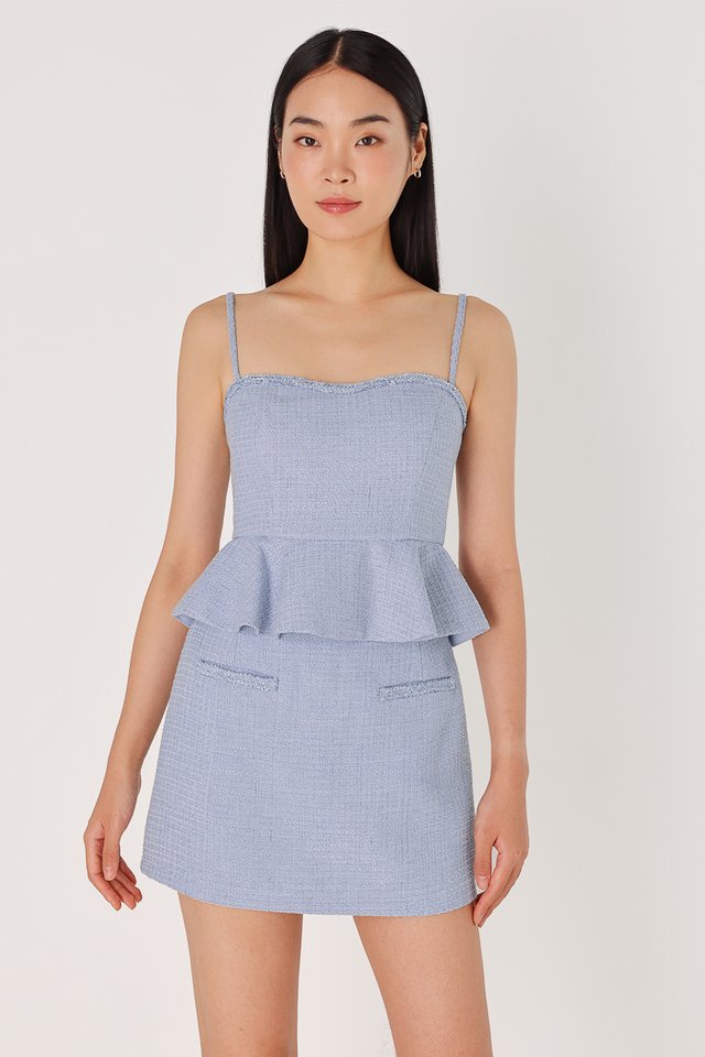 BEATRIX PADDED TWEED FRAYED TRIM PEPLUM TOP (BLUE)