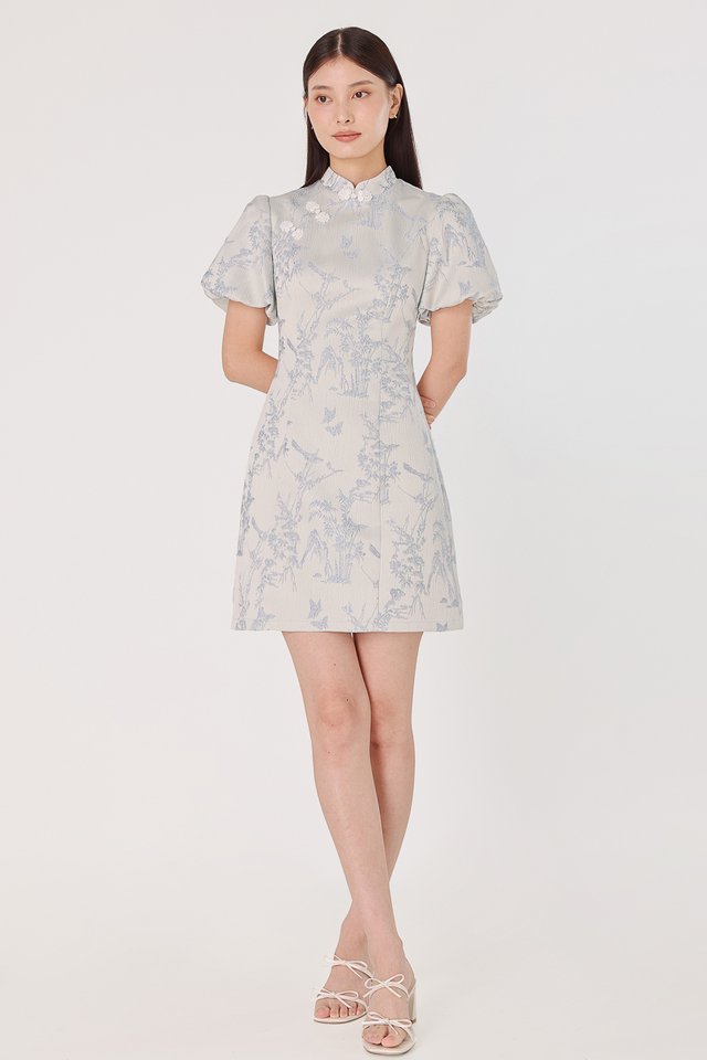 KARINA FLORAL JACQUARD PUFF SLEEVE CHEONGSAM DRESS