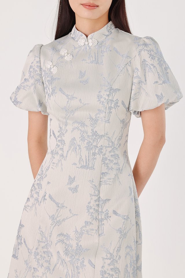 KARINA FLORAL JACQUARD PUFF SLEEVE CHEONGSAM DRESS