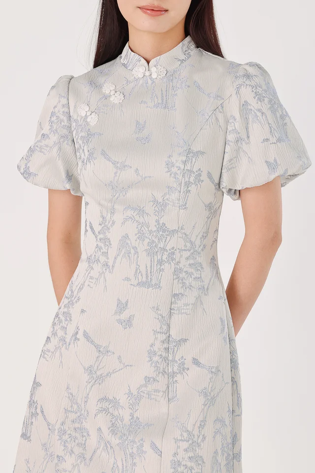 KARINA FLORAL JACQUARD PUFF SLEEVE CHEONGSAM DRESS