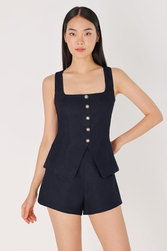 THERESE TWEED SQUARE NECK BUTTON LONGLINE TOP (MIDNIGHT BLUE)