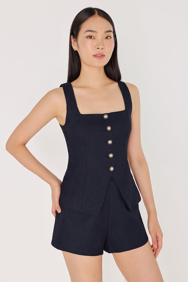 THERESE TWEED SQUARE NECK BUTTON LONGLINE TOP (MIDNIGHT BLUE)