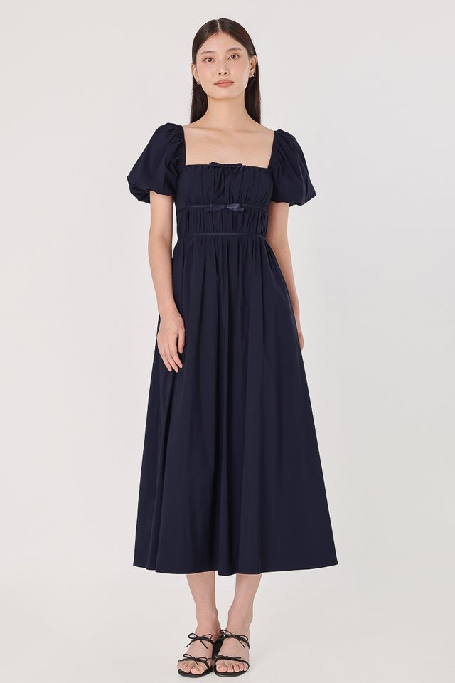 MABELLE PADDED RIBBON PUFF SLEEVE MAXI DRESS (MIDNIGHT BLUE)