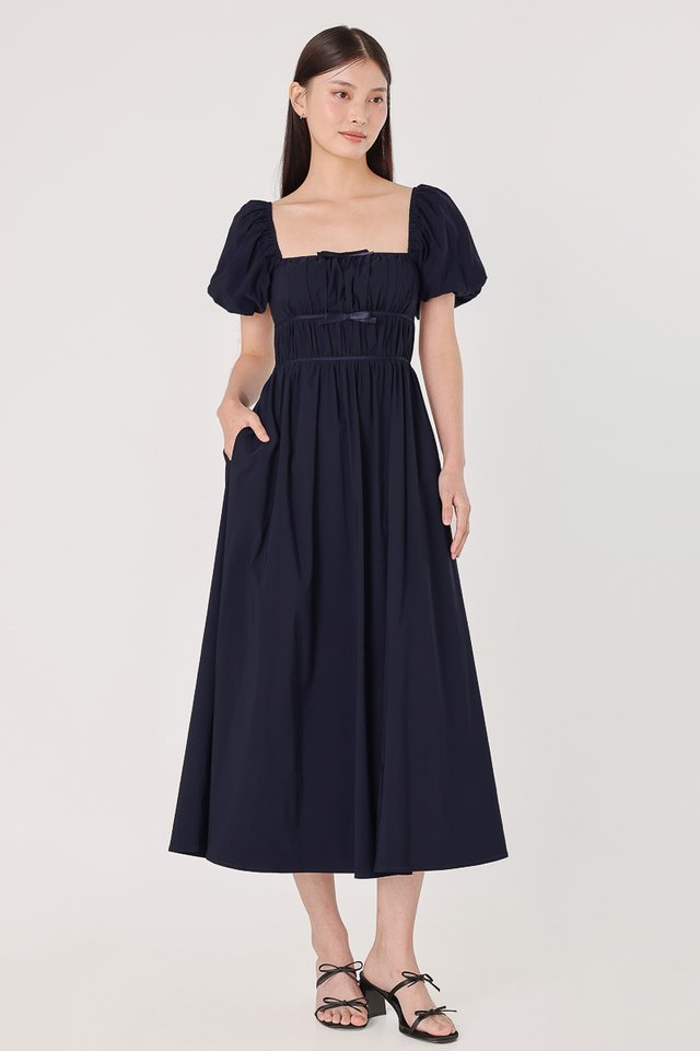 MABELLE PADDED RIBBON PUFF SLEEVE MAXI DRESS (MIDNIGHT BLUE)