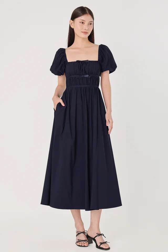 MABELLE PADDED RIBBON PUFF SLEEVE MAXI DRESS (MIDNIGHT BLUE)