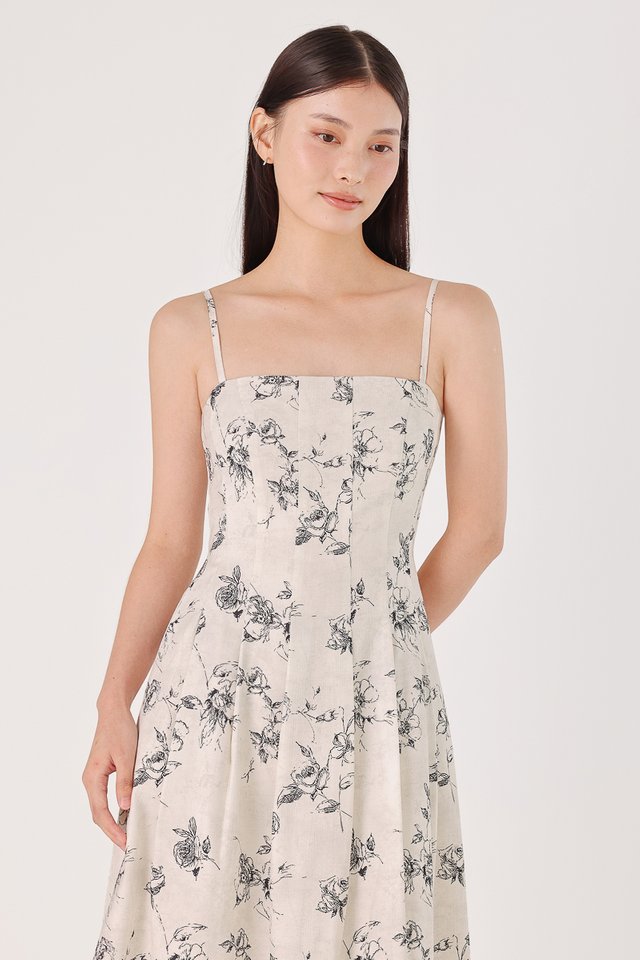 JULIETTE PADDED LINEN FLORAL PANELLED MIDAXI DRESS