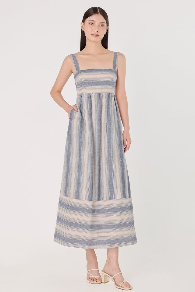 LEXIS PADDED LINEN STRIPED DROPWAIST MIDAXI DRESS (MARINE)