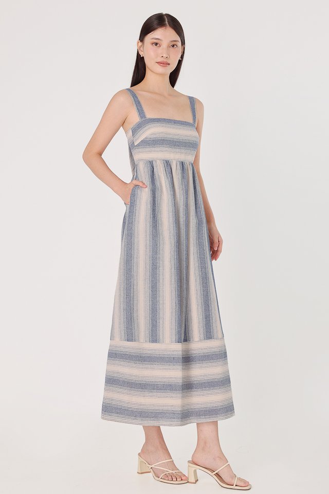 LEXIS PADDED LINEN STRIPED DROPWAIST MIDAXI DRESS (MARINE)