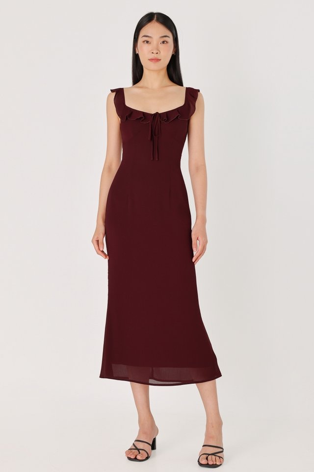 AMELIA PADDED CHIFFON BIAS MIDAXI DRESS (BURGUNDY)