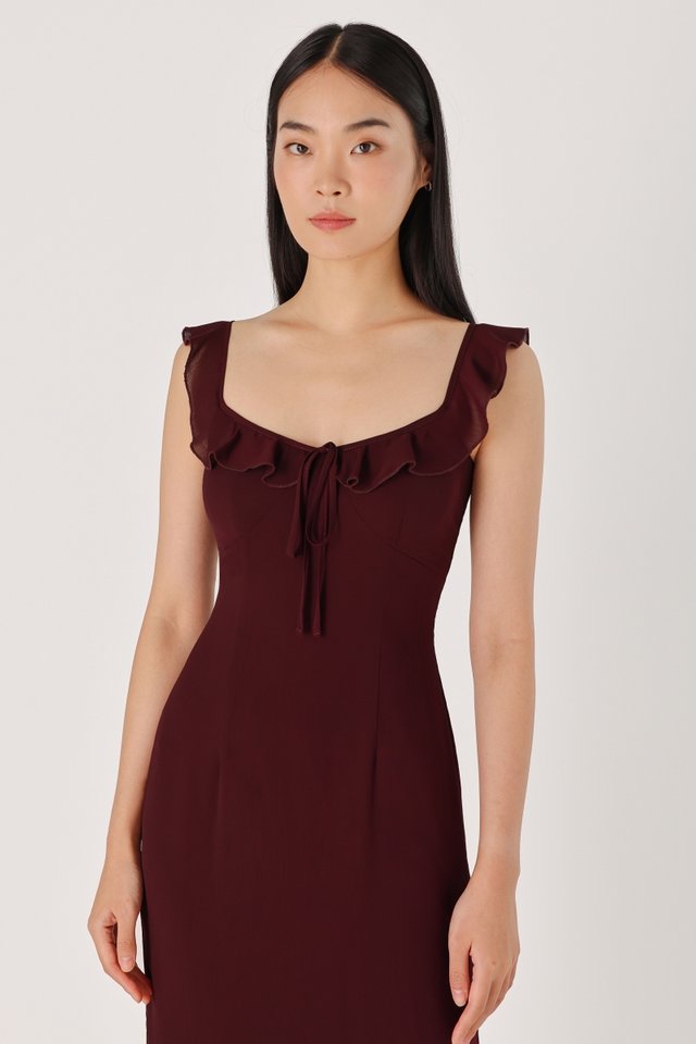 AMELIA PADDED CHIFFON BIAS MIDAXI DRESS (BURGUNDY)