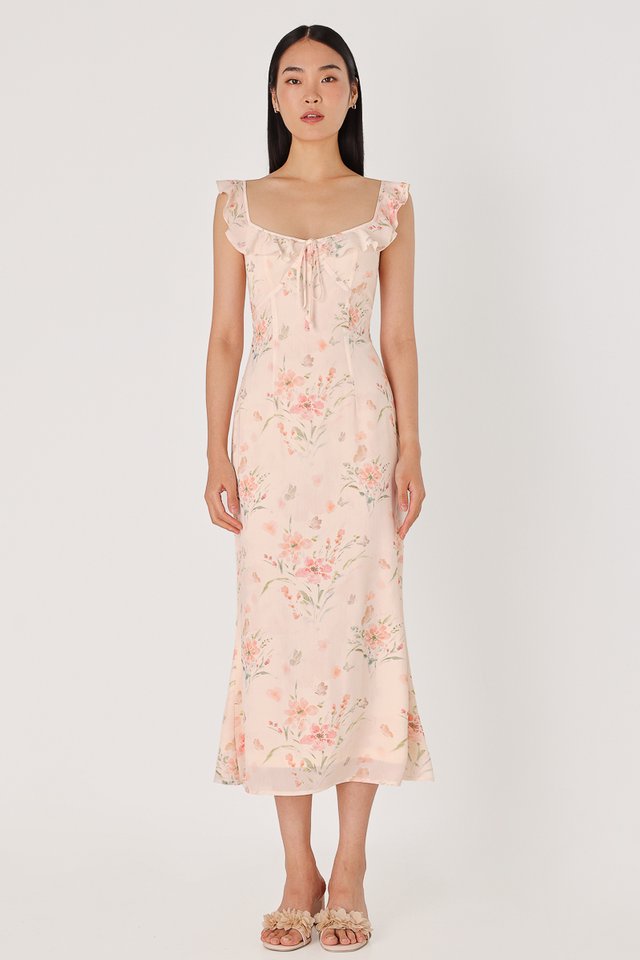 AMELIA PADDED CHIFFON BIAS MIDAXI DRESS (FLORAL)