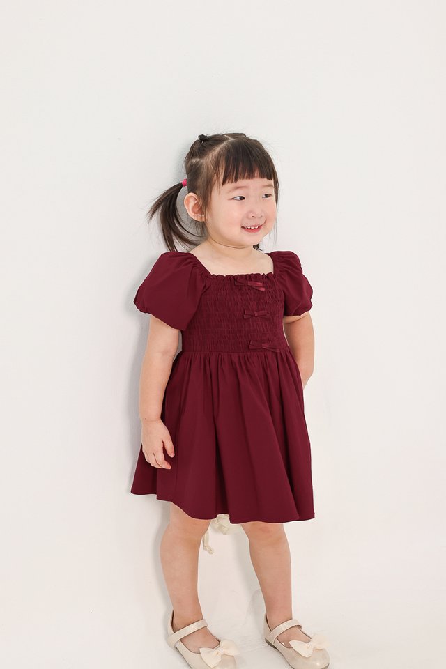 MABELLE RIBBON PUFF SLEEVE DRESS (WINE) - MINI GIRL