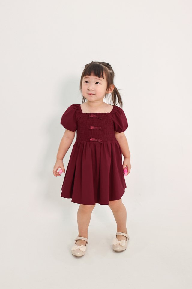 MABELLE RIBBON PUFF SLEEVE DRESS (WINE) - MINI GIRL