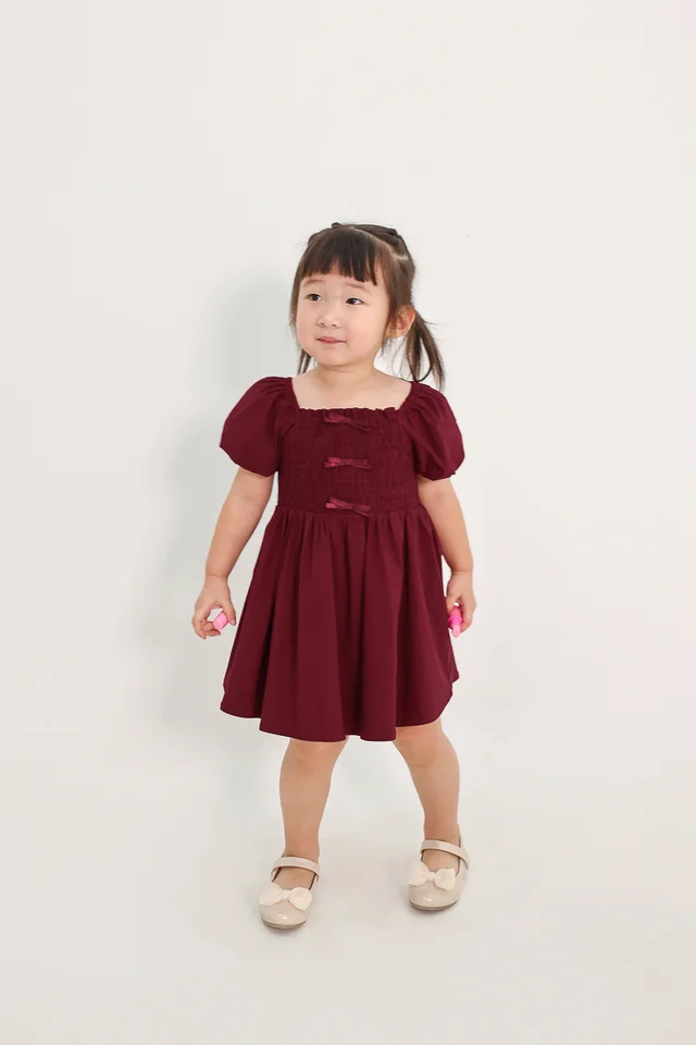 MABELLE RIBBON PUFF SLEEVE DRESS (WINE) - MINI GIRL