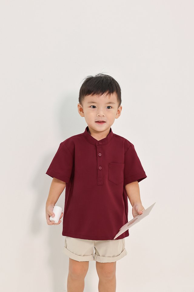 MATT HALF-BUTTON SHORT SLEEVE POCKET SHIRT (WINE) - MINI BOY