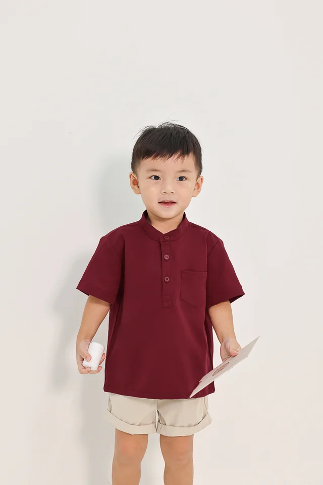 MATT HALF-BUTTON SHORT SLEEVE POCKET SHIRT (WINE) - MINI BOY
