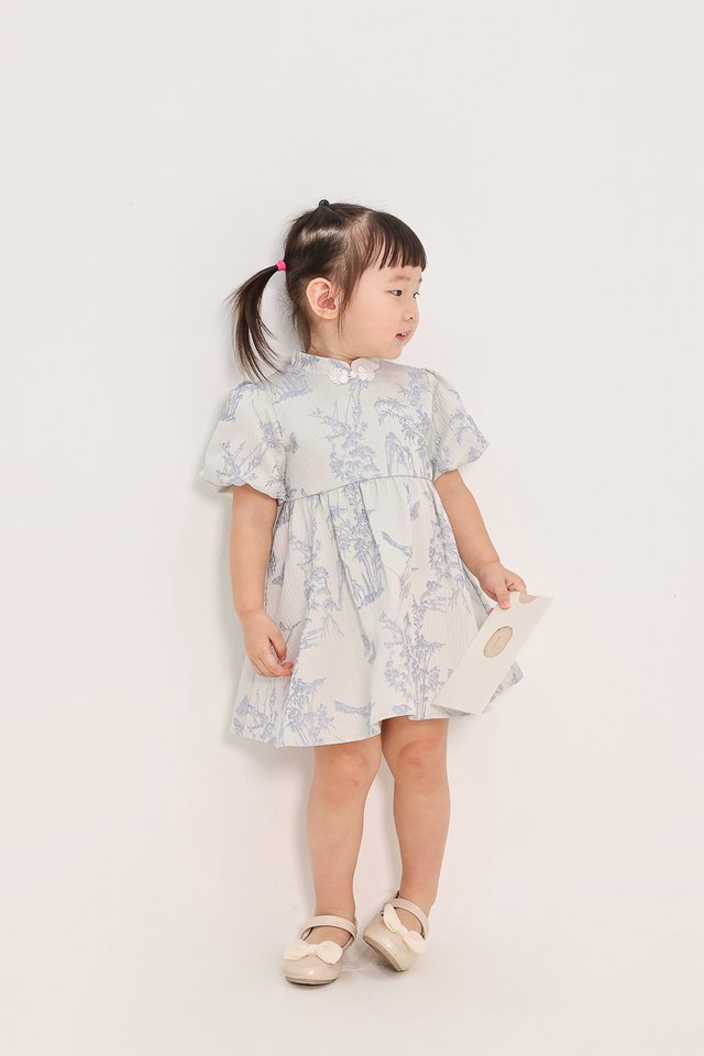 KARINA FLORAL JACQUARD PUFF SLEEVE CHEONGSAM DRESS (BLUE) - MINI GIRL