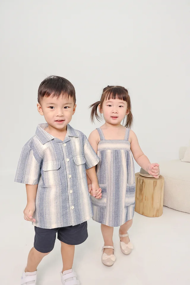 LEON LINEN STRIPED FLAP POCKET BUTTON SHIRT (MARINE) - MINI BOY