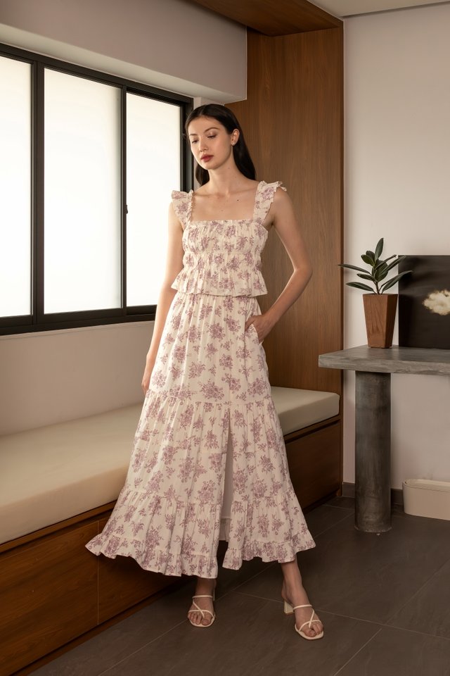 ROXANNE LINEN FLORAL DROPWAIST SLIT MAXI SKIRT (MULBERRY RED)