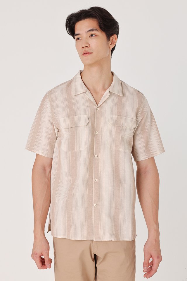 LEON LINEN STRIPED FLAP POCKET BUTTON SHIRT (DUNE)