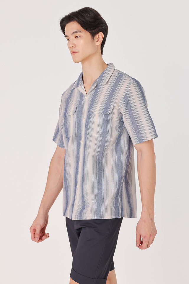 LEON LINEN STRIPED FLAP POCKET BUTTON SHIRT (MARINE)