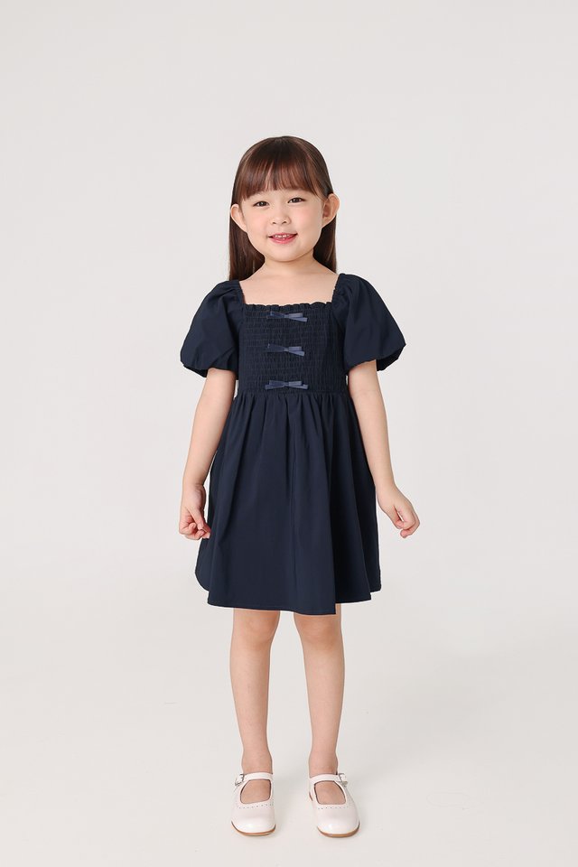 MABELLE RIBBON PUFF SLEEVE DRESS (MIDNIGHT BLUE) - MINI GIRL