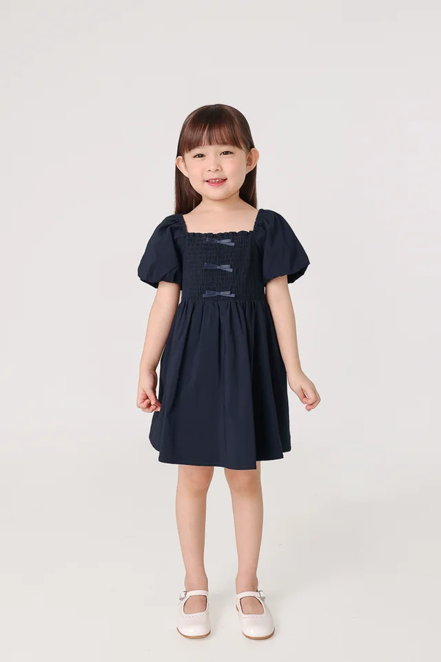 MABELLE RIBBON PUFF SLEEVE DRESS (MIDNIGHT BLUE) - MINI GIRL