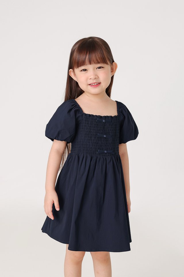 MABELLE RIBBON PUFF SLEEVE DRESS (MIDNIGHT BLUE) - MINI GIRL